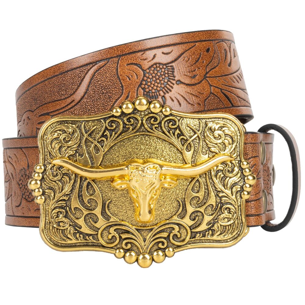 5728 Men Dark-brown Casual-belt Bronze-buckle Western-cowboy-belt